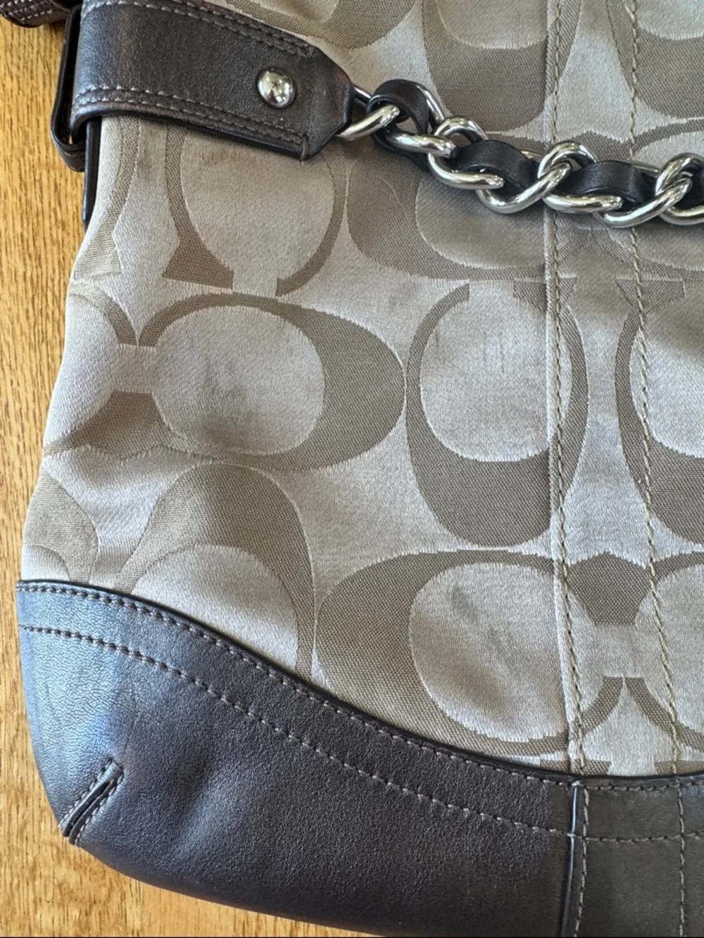 Coach Signature Crossbody Sateen w/Brown Leather Trim & Gold Chain Accent *READ*